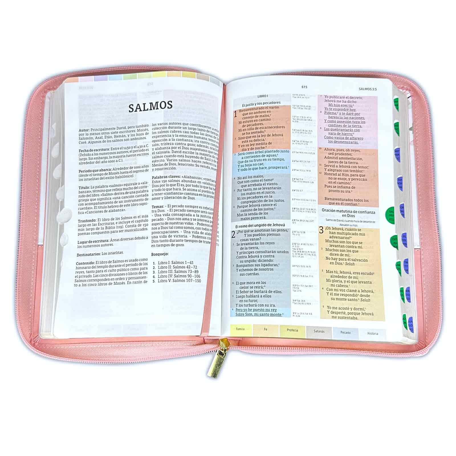 Biblia de Estudio Arco Iris Pastoral para Mujeres con Cierre Reina Valera 1960 duotono rosa y blanco floral con indice