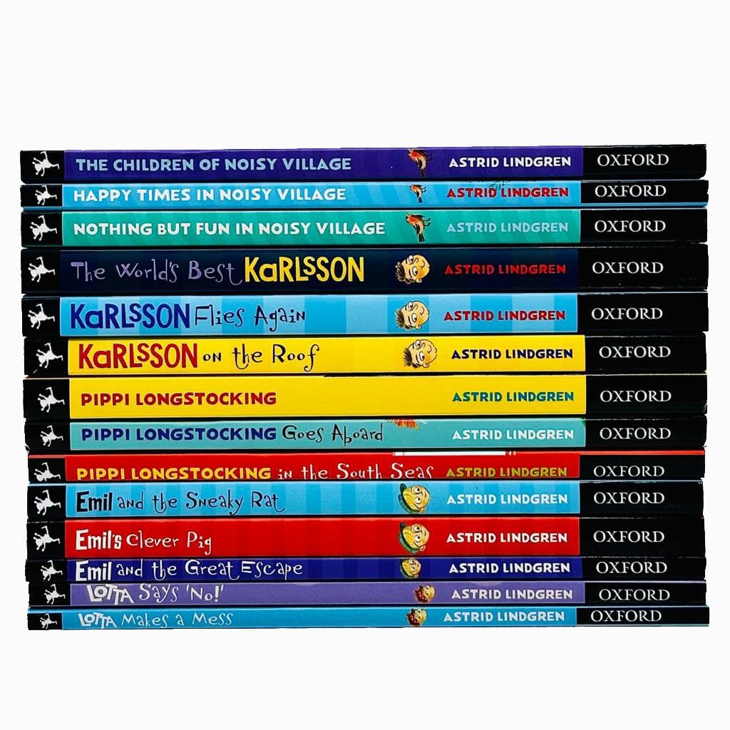 Astrid Lindgren 14 Books Collection Set (The Children of Noisy Village, Happy Times,Nothing but Fun, The World's Best Karlsson,Flies Again,on the Roof,Pippi Longstocking,Emil's Clever Pig & More)