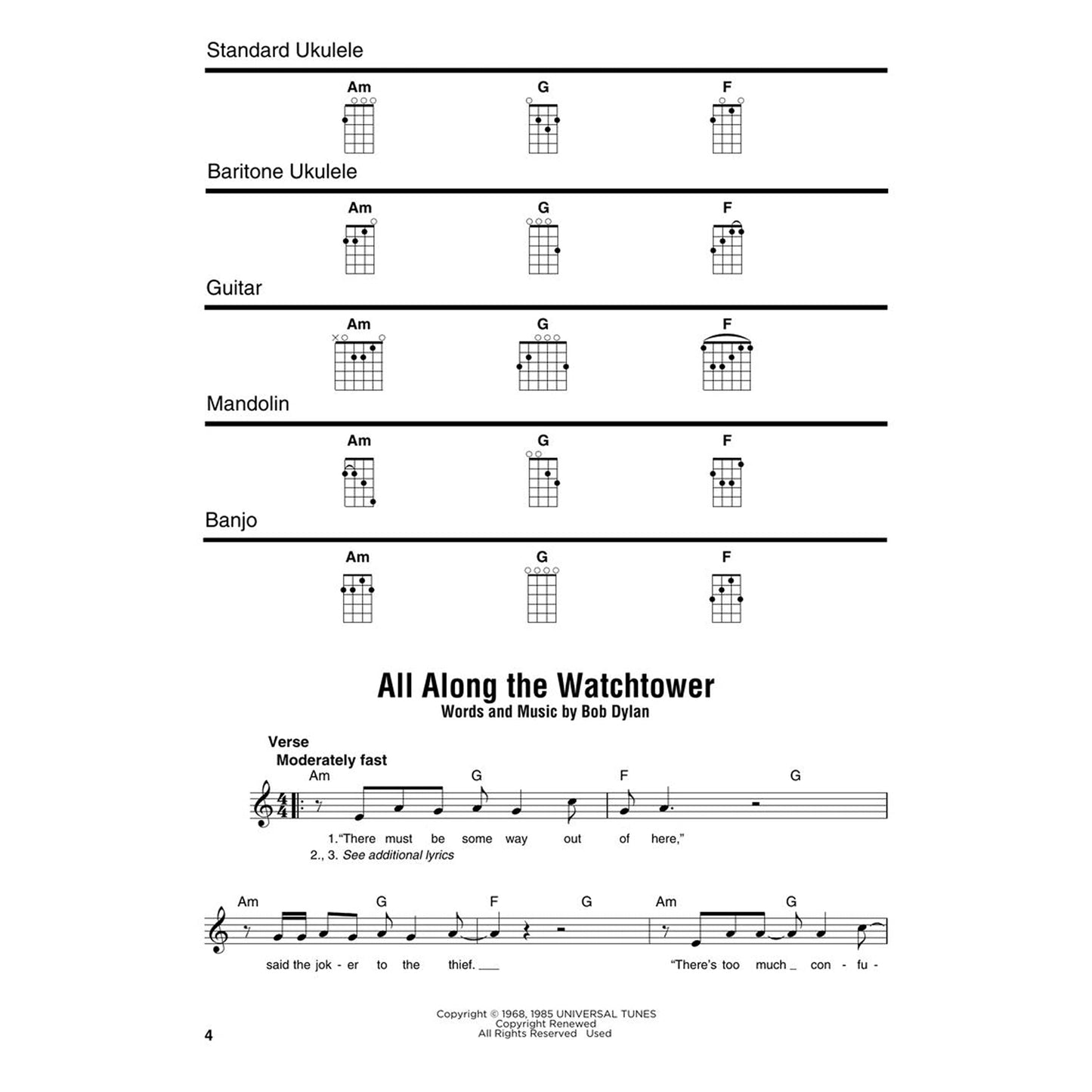 Bob Dylan - Strum Together: 47 Songs with Lyrics, Melody Lines, and Chord Frames for Standard Ukulele, Baritone Ukulele, Guitar, Mandolin, and Banjo