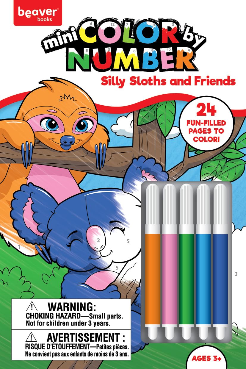 Mini Color by Number Kids Coloring Book with 5 Markers -Sloth & Friends
