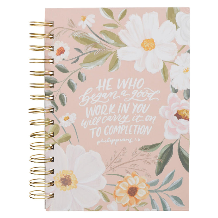 Christian Art Gifts Inspirational Journal, Good Work in You Wide Ruled Notebook, Phil. 1:6 Bible Verse, Beige Floral, 192 Lined Pages w/scripture, (8.4? x 6.4? x 1?)