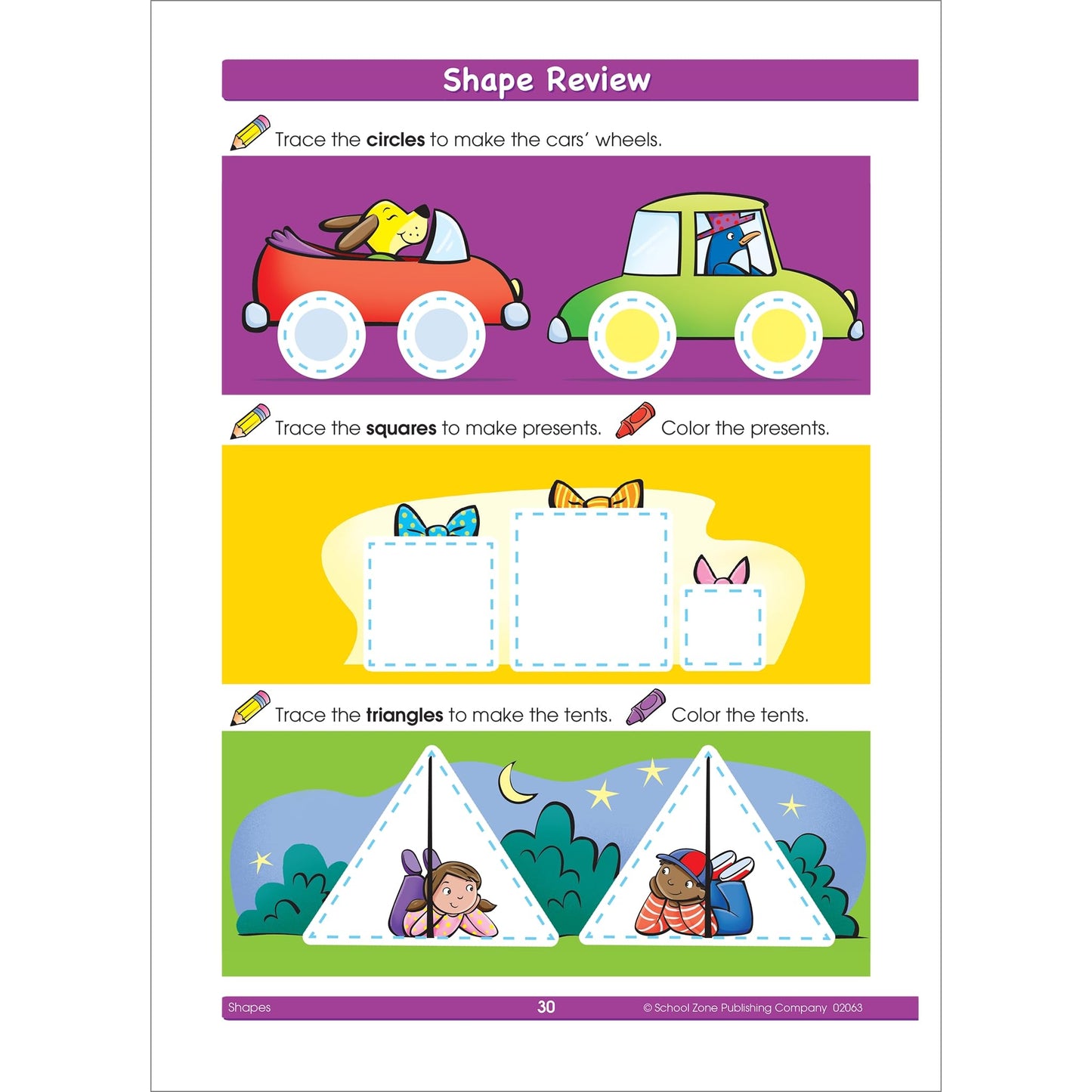 School Zone - Shapes Workbook - 32 Pages, Ages 3 to 5, Preschool to Kindergarten, Basic Shapes, Shape Names & Characteristics, Colors, Same or Different, and More (School Zone Get Ready! Book Series)