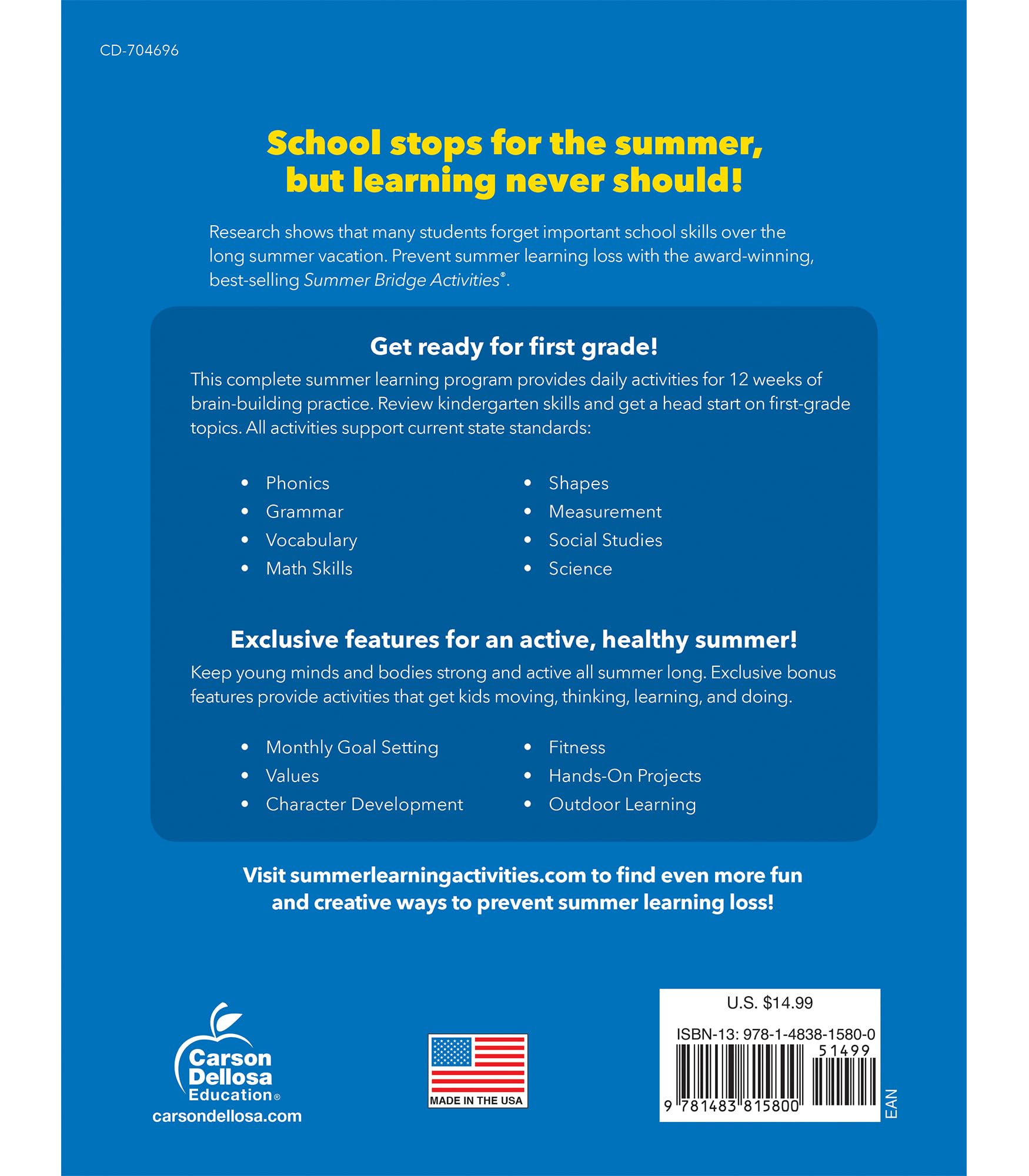 Summer Bridge Activities Kindergarten to 1st Grade Workbooks, Activity Book Ages 4-6 With Math, Phonics, Science, Social Studies, Writing Practice, Fitness, Flash Cards, Stickers, and More (Volume 2)