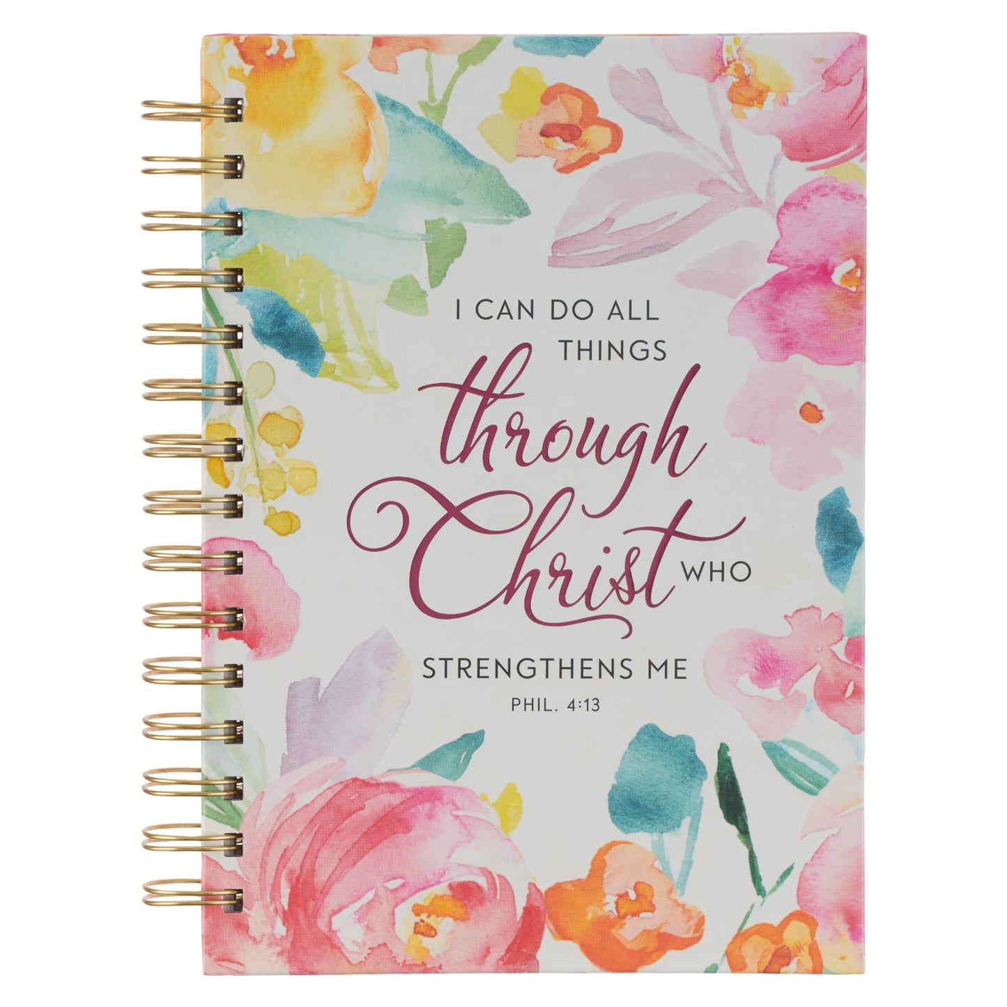 Christian Art Gifts Journal w/Scripture for Women All Things Through Christ Philippians 4:13 Bible Verse Bright Watercolor Floral 192 Ruled Pages, Large Hardcover Notebook, Wire Bound