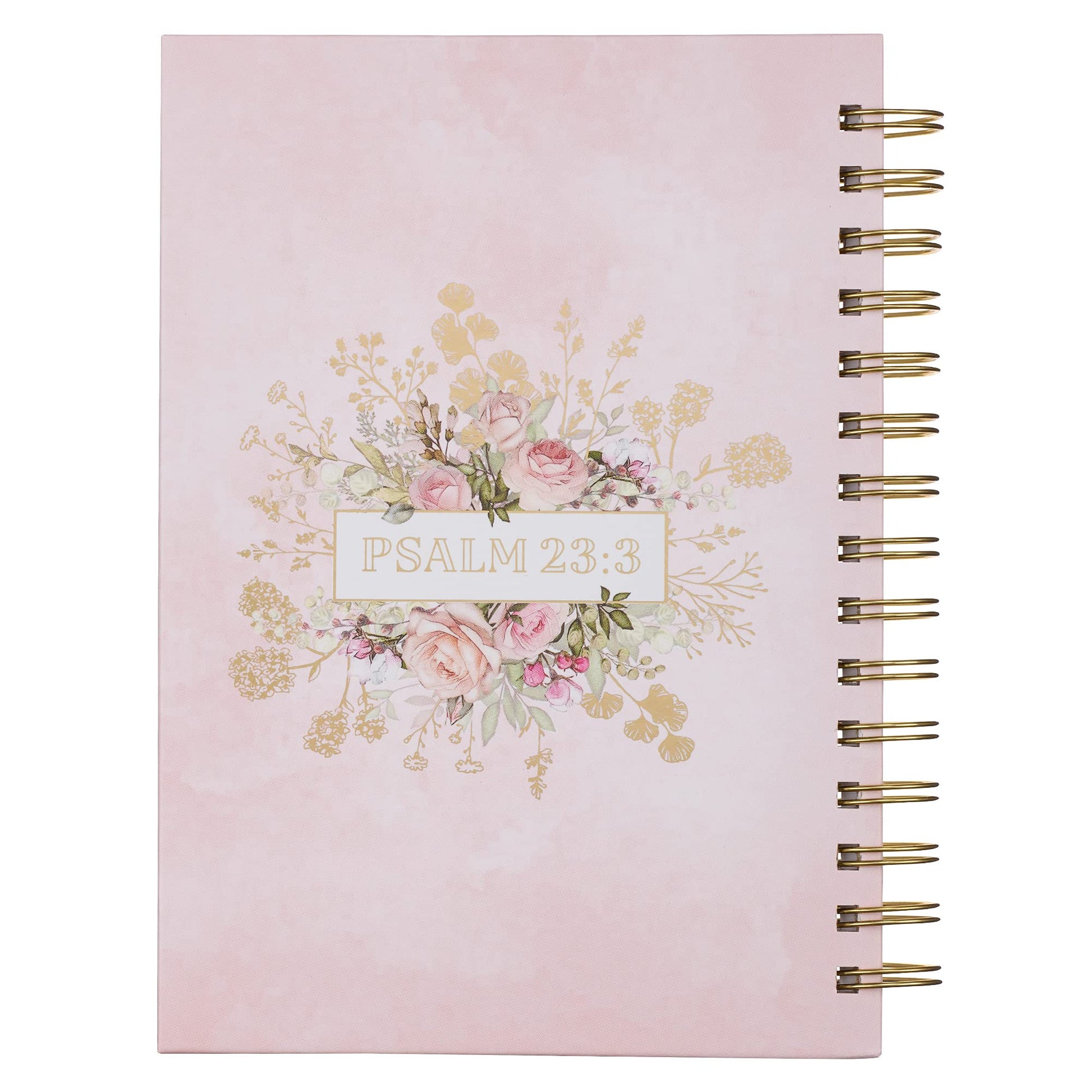 Christian Art Gifts Journal w/Scripture He Gives Me New Strength Psalm 23:3 Bible Verse, Pink Floral 192 Ruled Pages, Large Hardcover Notebook, Wire Bound