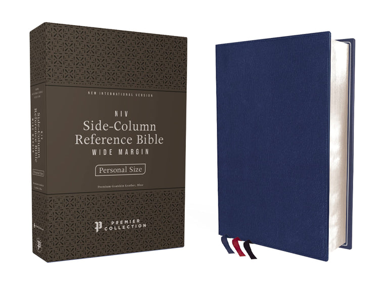 NIV, Side-Column Reference Bible (Deep Study at a Portable Size), Personal Size, Premium Goatskin Leather, Blue, Premier Collection, Art Gilded Edges, Comfort Print