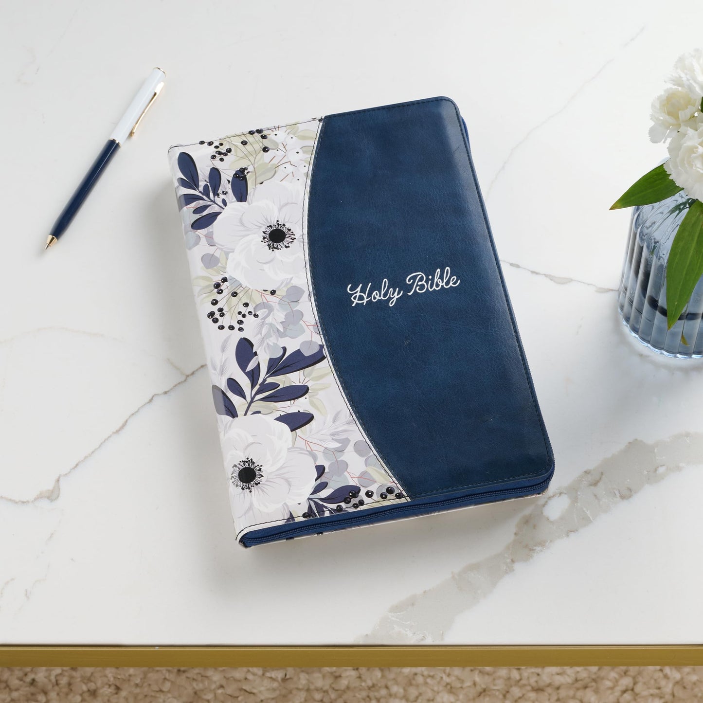 KJV Holy Bible, Thinline Large Print Faux Leather Red Letter Edition Thumb Index Ribbon Marker, King James Version, Blue Printed Floral, Zipper Closure (KJV Thinline LP Editions)
