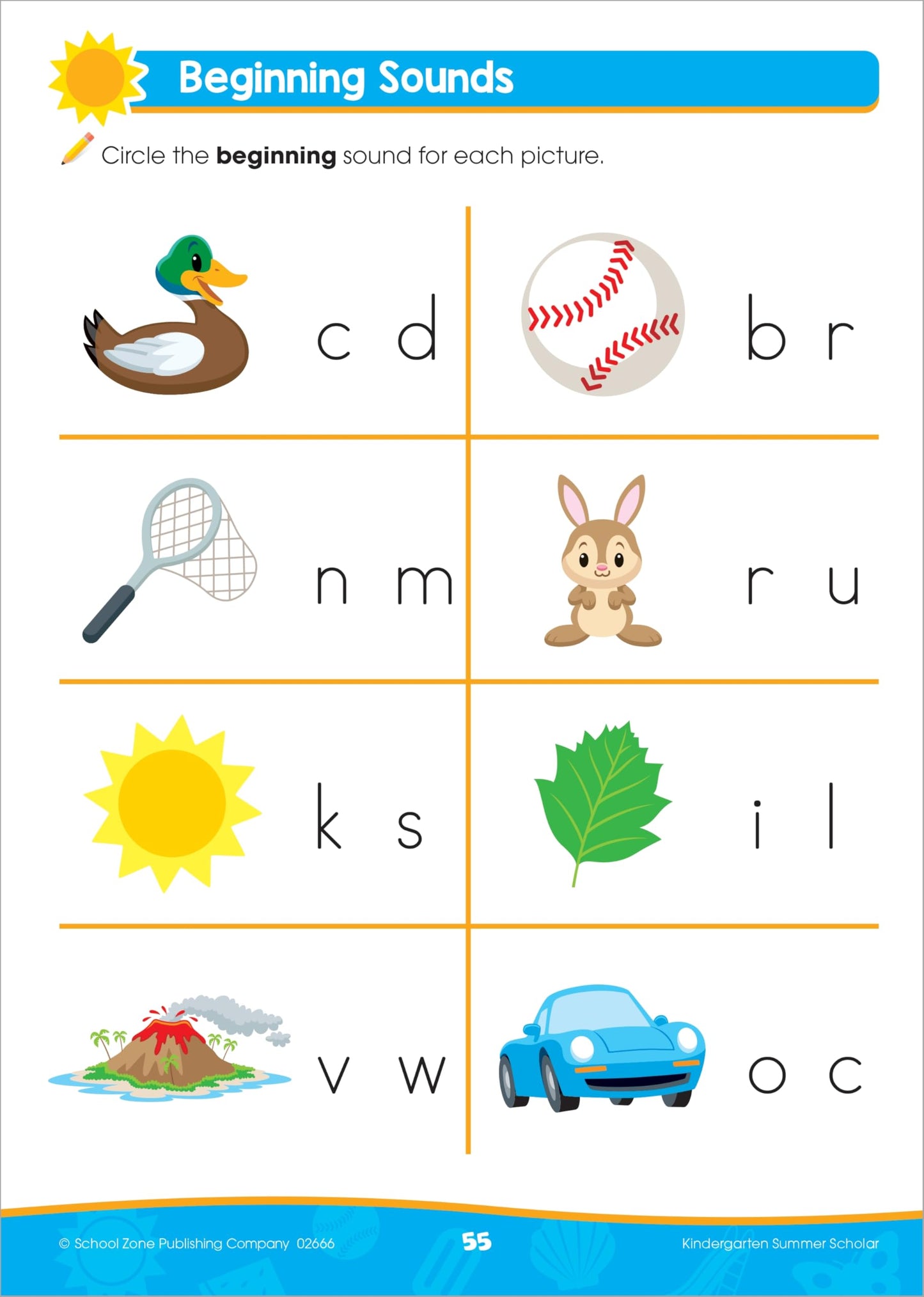 School Zone Kindergarten Summer Scholar Workbook: 80 Pages, Pre-K, Letters, Early Reading and Writing, Numbers 0-20, Basic Math, Counting, Matching, Story Order, Ages 5-6