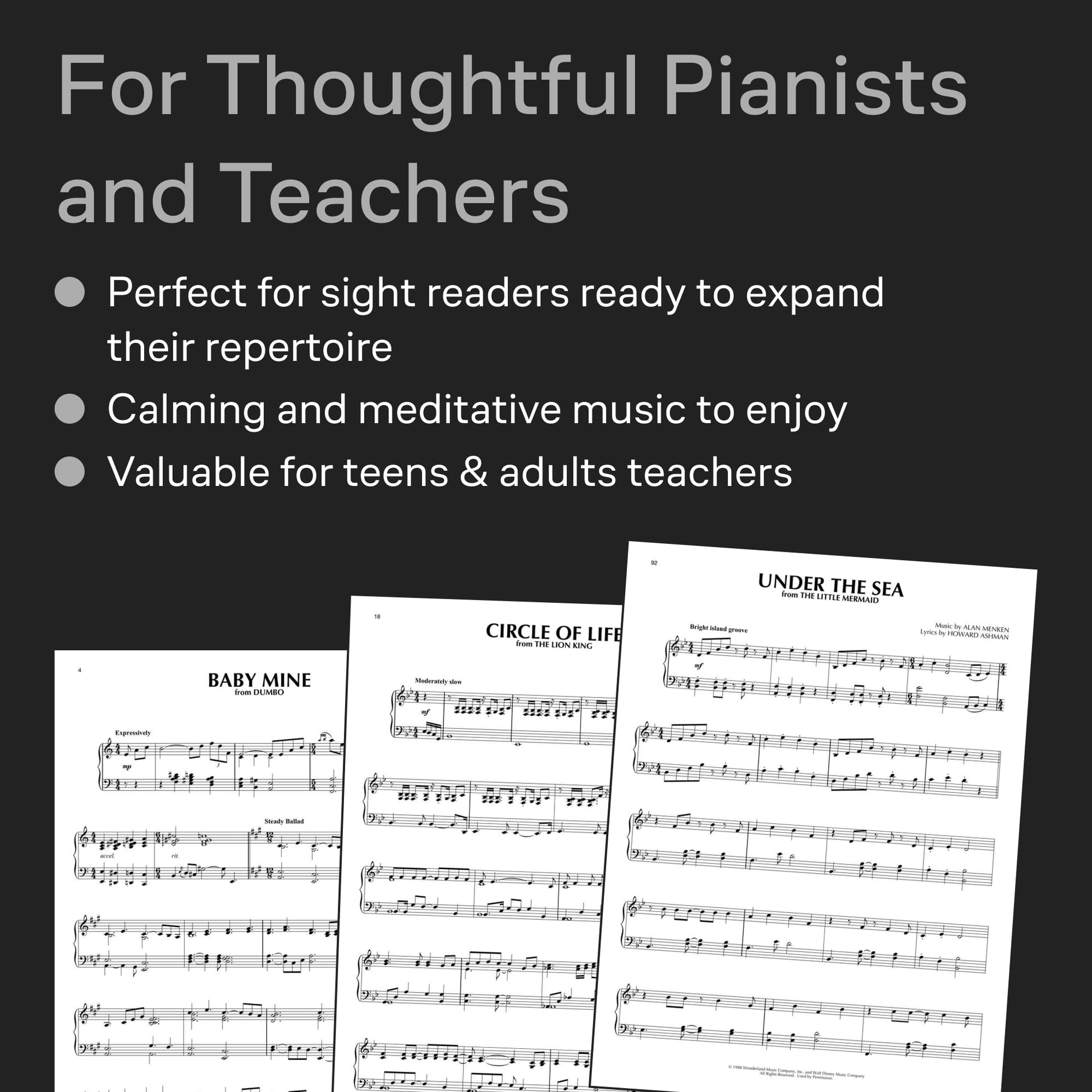 Disney Peaceful Piano Solos  Intermediate Piano Sheet Music Book  34 Calming Disney Songs for Relaxation and Performance  Piano Songbook for Adults, Students, and Music Teachers