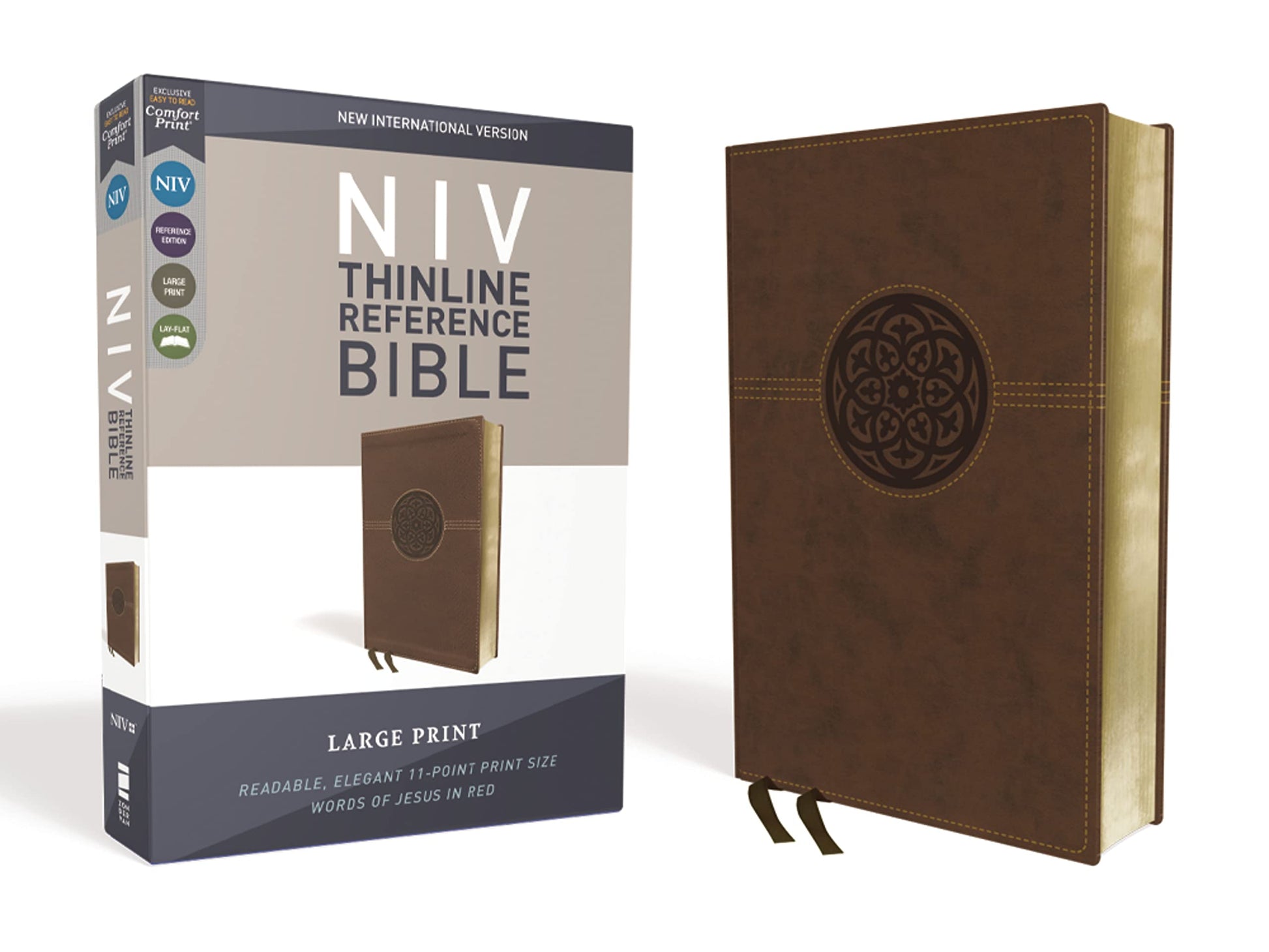 NIV, Thinline Reference Bible (Deep Study at a Portable Size), Large Print, Leathersoft, Brown, Red Letter, Comfort Print