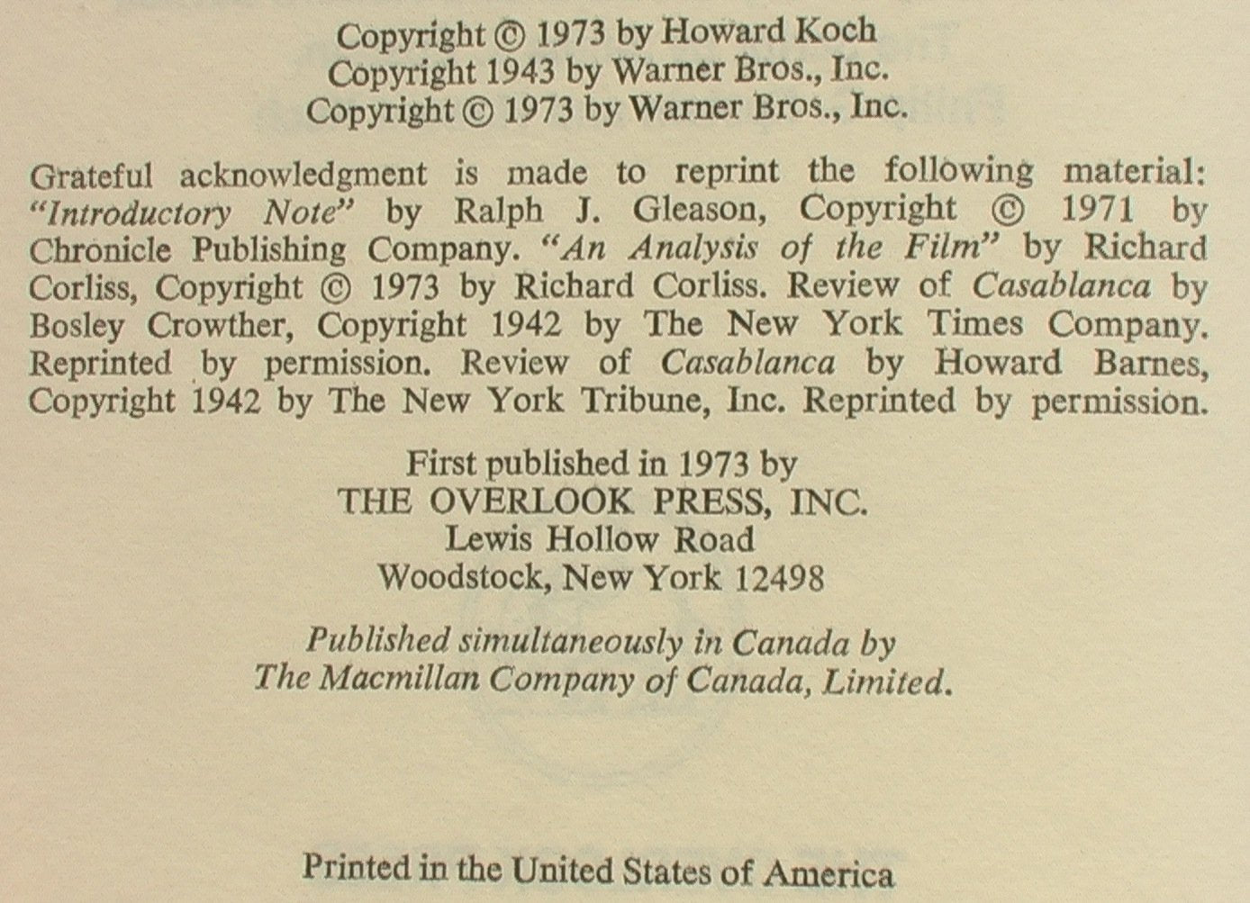 Casablanca: Script and Legend by Howard Koch