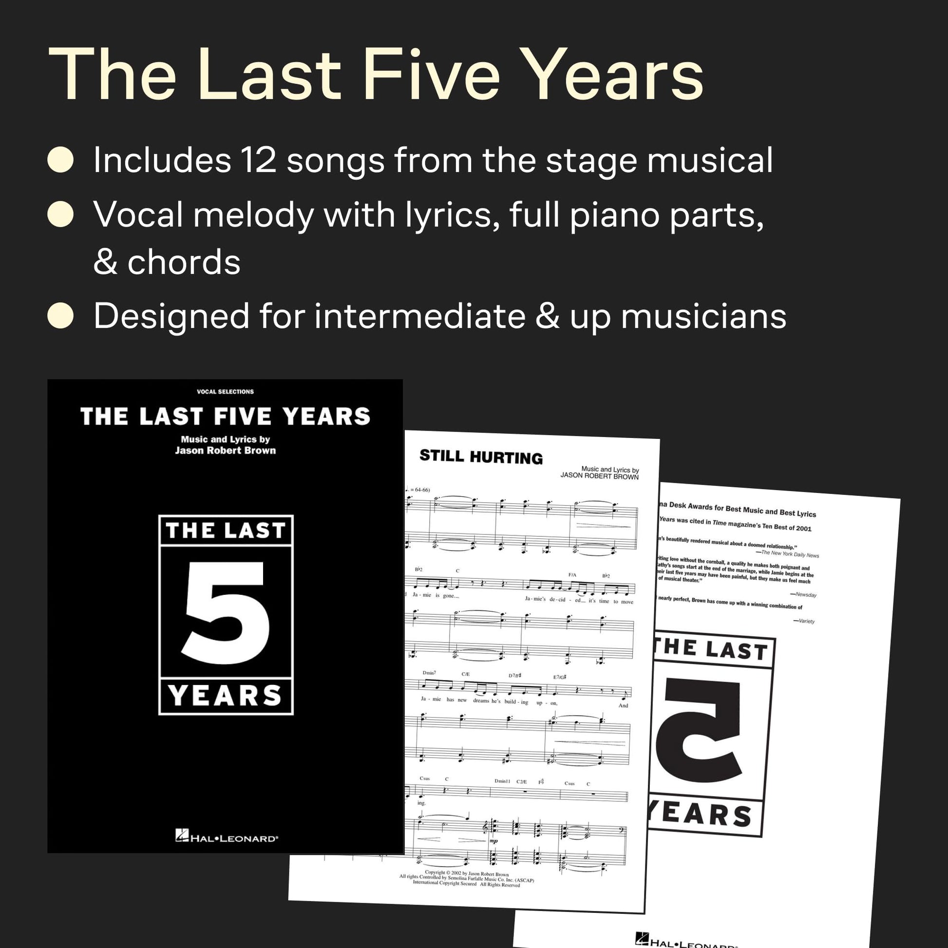 The Last Five Years - Vocal Selections  Sheet Music Book for Piano/Vocal/Guitar  Contemporary Musical Theatre Songs by Jason Robert Brown for Intermediate Singers Students and Audition Performance