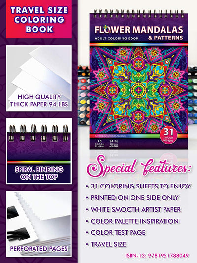 Flower Mandalas and Patterns. Travel Size Coloring Book for Adults on Thick Artist Paper with a Spiral Binding on The Top