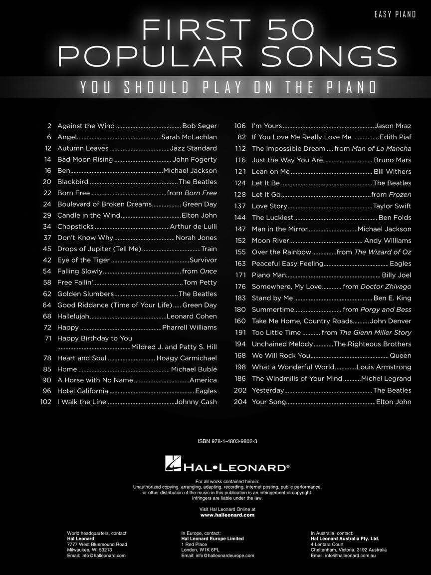 First 50 Popular Songs You Should Play on Piano  Easy Piano Songbook with Classic Pop Jazz and Broadway Hits  Beginner Sheet Music Book for Students Adults and Teachers  Learn Fun Piano Favorites