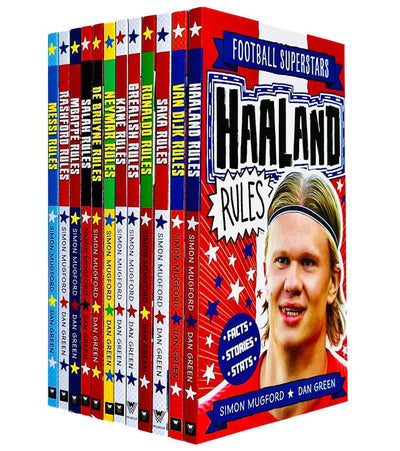 Football Superstars 12 Books Collection Rules Mega Pack Set By Simon Mugford & Dan Green(Fact,Stories & Starts)(Rolando, Neymar, Messi, Kane, Mbapp?, Rashford, Haaland & More)