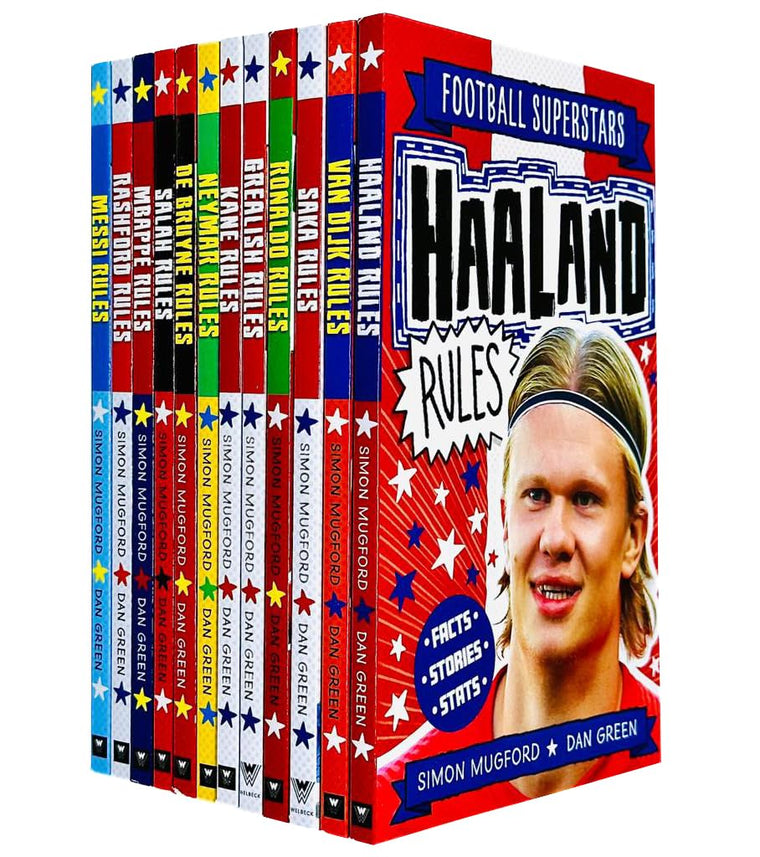 Football Superstars 12 Books Collection Rules Mega Pack Set By Simon Mugford & Dan Green(Fact,Stories & Starts)(Rolando, Neymar, Messi, Kane, Mbapp?, Rashford, Haaland & More)