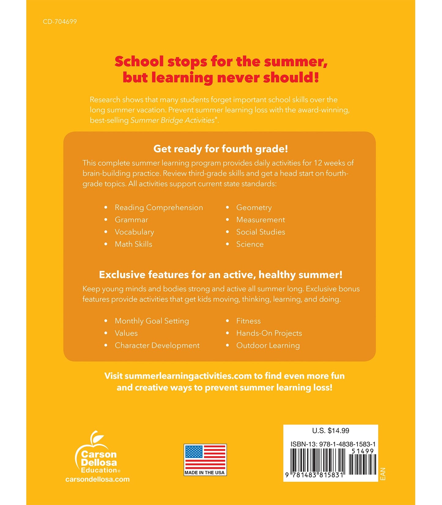 Summer Bridge Activities 3rd to 4th Grade Workbook, Activity Book with Math, Reading Comprehension, Science, Fitness, Social Studies, Writing Practice, and Flash Cards (Volume 5)