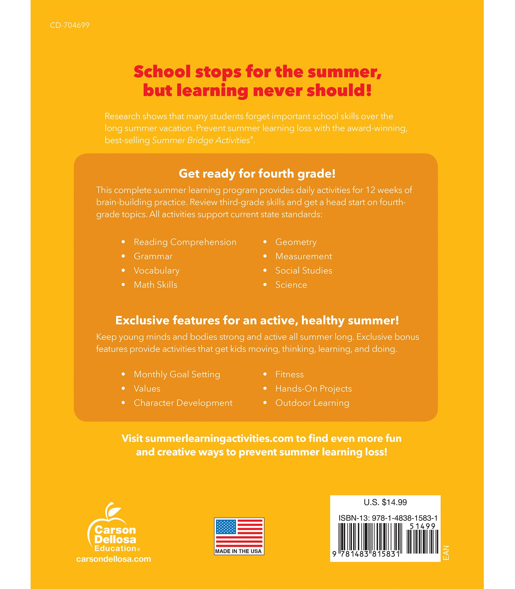 Summer Bridge Activities 3rd to 4th Grade Workbook, Activity Book with Math, Reading Comprehension, Science, Fitness, Social Studies, Writing Practice, and Flash Cards (Volume 5)