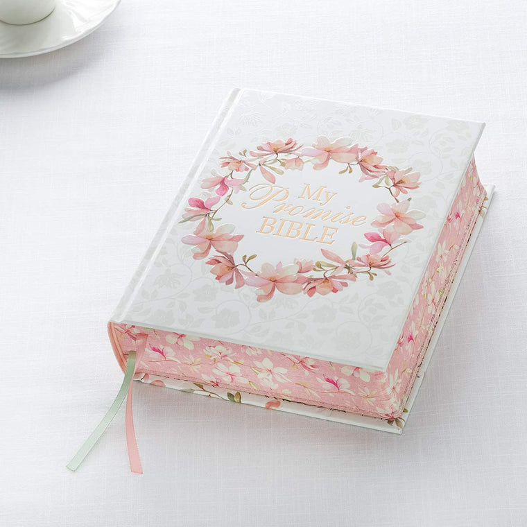 KJV Holy Bible, My Promise Bible, Hardcover w/Bible Tabs, Coloring Stickers, Ribbon Markers, King James Version, White/Pink Floral Wreath (KJV Promise Editions) — back cover