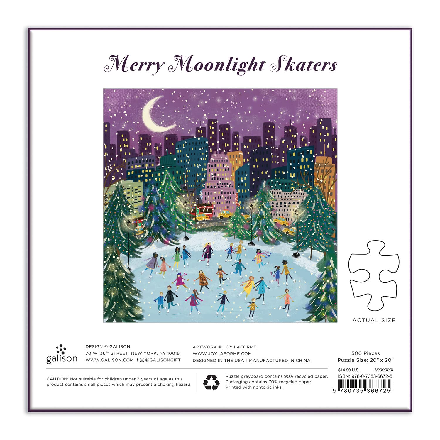 Galison Merry Moonlight Skaters 500 Piece Foil Puzzle from Galison - Featuring Beautiful Illustrations of a Festive Winter Scene with Gold Foil Accents, 20" x 20", Makes a Wonderful