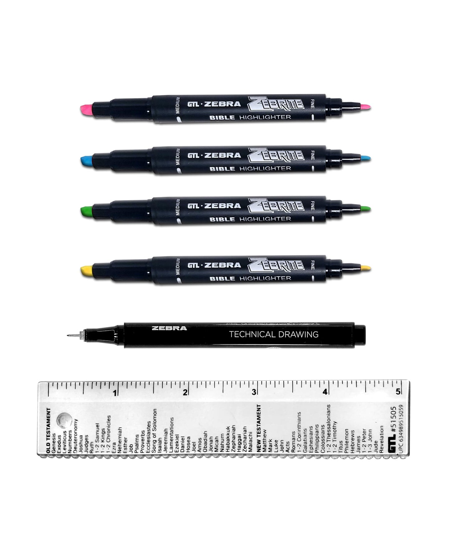 G.T. Luscombe Company, Inc. Zebrite Bible Marking Kit  No Bleed Pigmented Ink  No Fading or Smearing  Double Ended Highlighters, Note Pen & Books of the Bible Ruler/Bookmark (Set of 5 + Ruler)