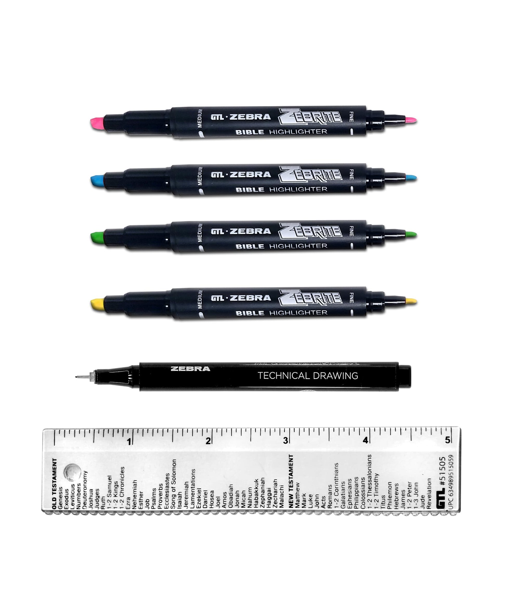 G.T. Luscombe Company, Inc. Zebrite Bible Marking Kit  No Bleed Pigmented Ink  No Fading or Smearing  Double Ended Highlighters, Note Pen & Books of the Bible Ruler/Bookmark (Set of 5 + Ruler)