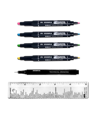 G.T. Luscombe Company, Inc. Zebrite Bible Marking Kit  No Bleed Pigmented Ink  No Fading or Smearing  Double Ended Highlighters, Note Pen & Books of the Bible Ruler/Bookmark (Set of 5 + Ruler)