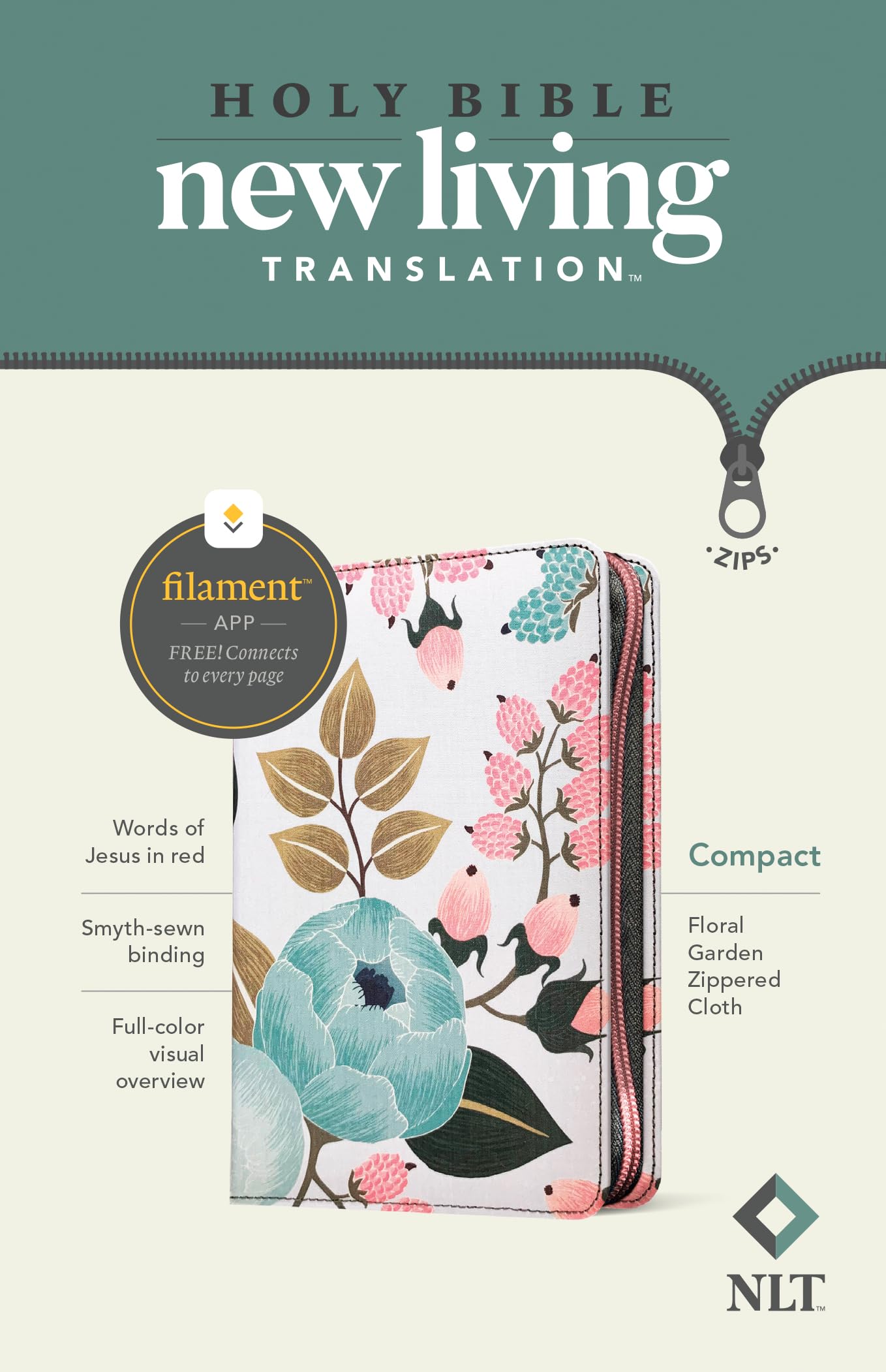NLT Compact Zipper Bible, Filament Enabled (Cloth, Floral Garden, Red Letter)