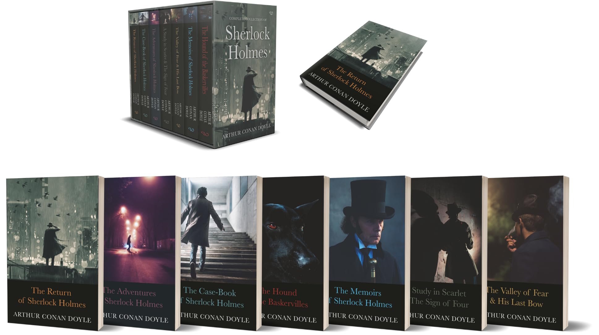 Sherlock Holmes Series Complete Collection 7 Books Set by Arthur Conan Doyle (Return,Memories,Adventures,Valley of Fear & His Last Bow,Case-Book,Hound of Baskerville & Study in Scarlet & Sign of Four)
