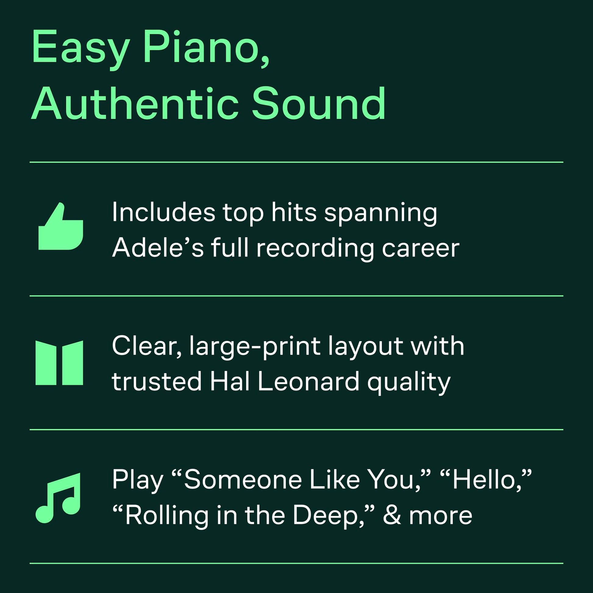 Best of Adele for Big Note Piano - 2nd Edition  12 Easy Piano Songs with Lyrics and Chords for Beginners and Advanced Players  Hal Leonard Sheet Music Book