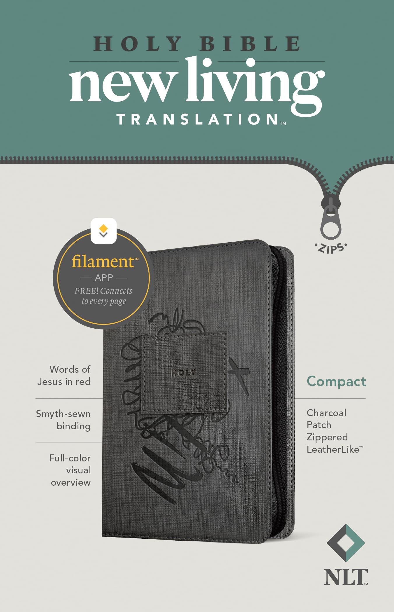 NLT Compact Zipper Bible, Filament Enabled (LeatherLike, Charcoal Patch, Red Letter)