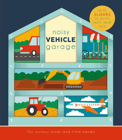 Noisy Vehicle Garage (Happy Fox Books) Sturdy Board Book for Kids Ages 3-6 - Interactive Sliders to Make Excavators Dig, Helicopters Fly, Submarines Float, and More