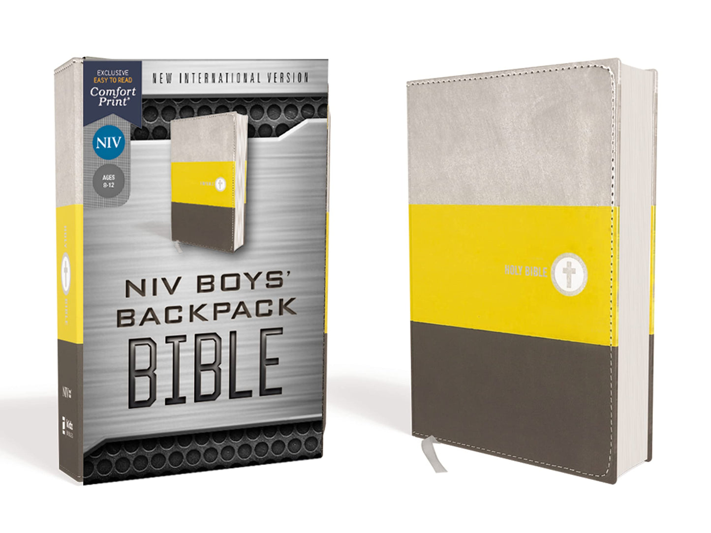 NIV, Boys' Backpack Bible, Compact, Leathersoft, Yellow/Gray, Red Letter, Comfort Print: A Portable, Durable, and Easy-to-Read Bible that Goes Everywhere