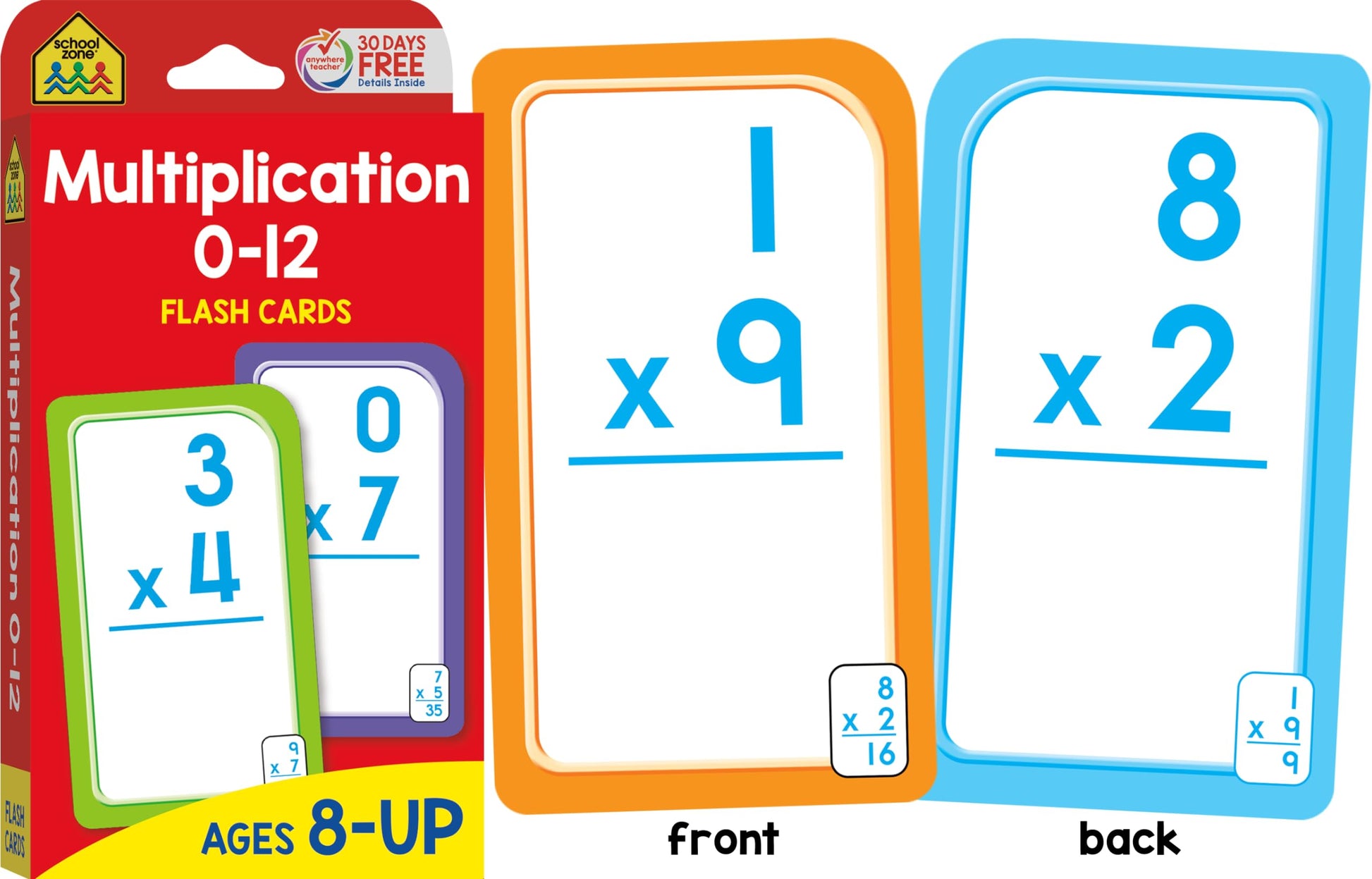 School Zone Math 3-4 4-Pack Flash Cards: 224 Cards, 3rd Grade, 4th Grade, Multiplication 0-12, Division 0-12, Math War Multiplication Game Cards, Time & Money, Telling Time, Coin Values, Ages 6+