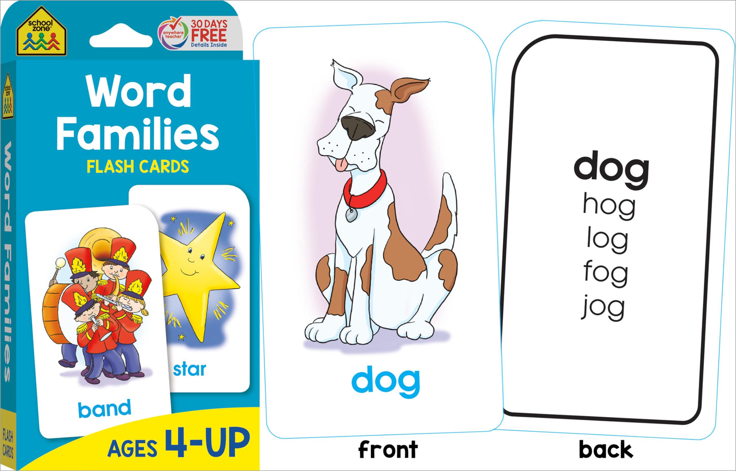 School Zone - Reading 4-Pack Flash Cards - Ages 4+, Kindergarten, 1st Grade, Sight Words, Phonics Made Easy, Word Families, Picture Words, High-Frequency Words, Beginning Reading, Rhyming, and More