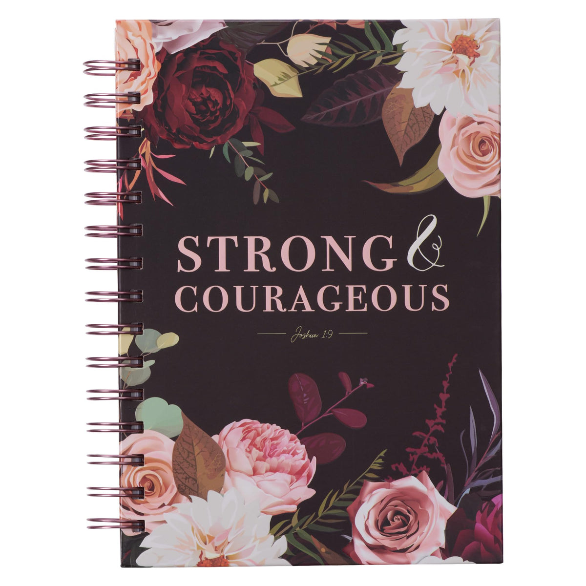 Christian Art Gifts Journal w/Scripture Strong And Courageous Joshua 1:9 Bible Verse Rose Floral 192 Ruled Pages, Large Hardcover Notebook, Wire Bound