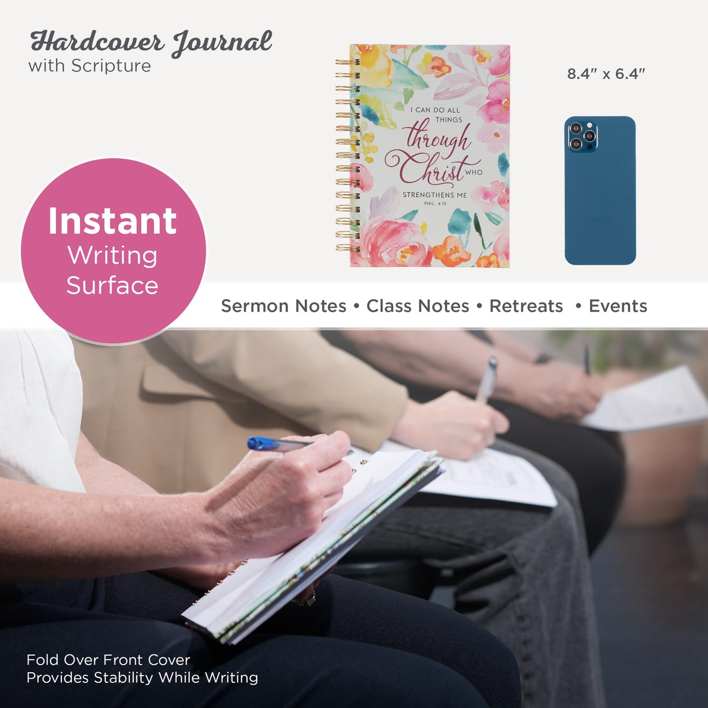 Christian Art Gifts Journal w/Scripture for Women All Things Through Christ Philippians 4:13 Bible Verse Bright Watercolor Floral 192 Ruled Pages, Large Hardcover Notebook, Wire Bound