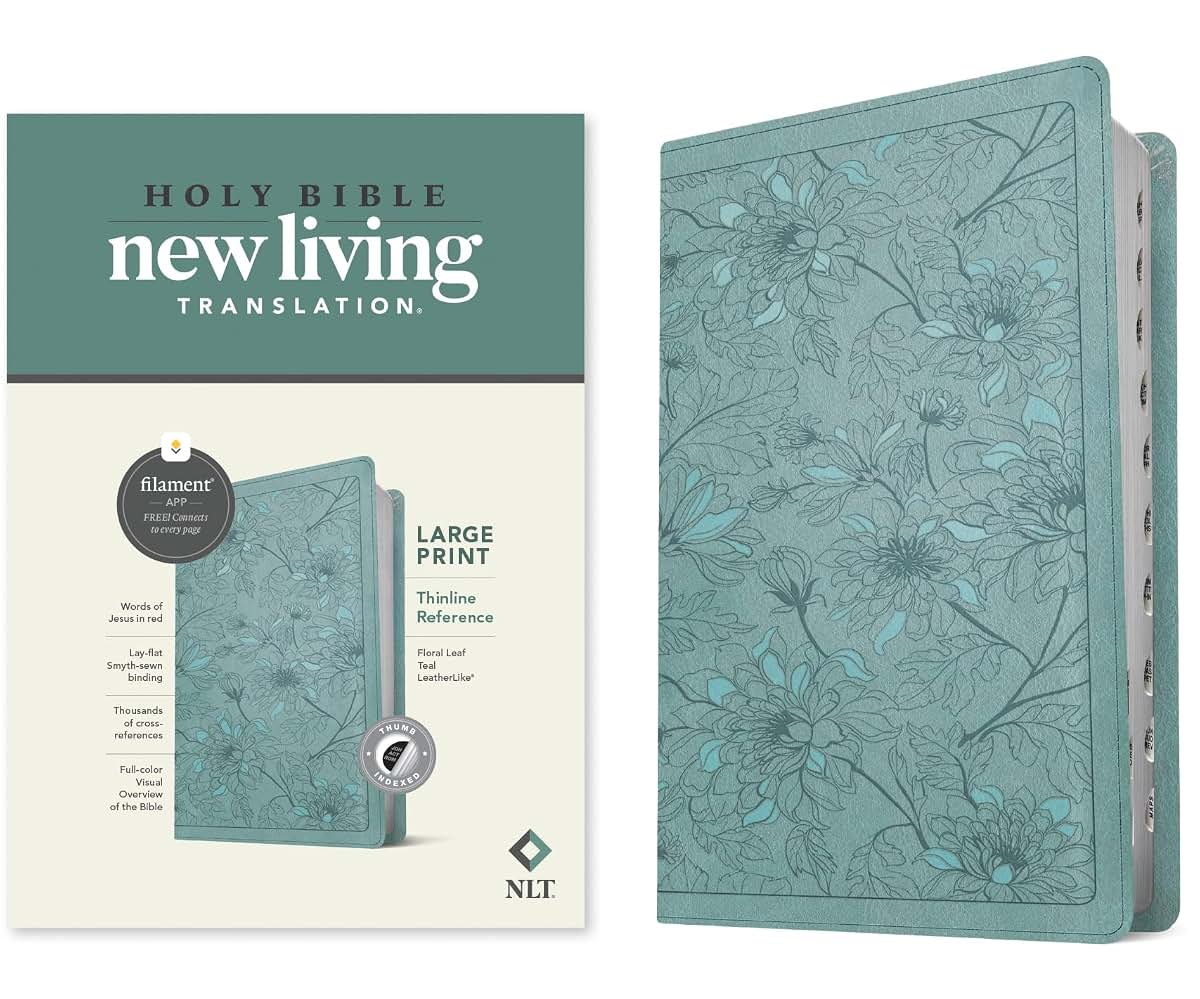 NLT Large Print Thinline Reference Bible, Filament Enabled (LeatherLike, Floral Leaf Teal, Indexed, Red Letter): Includes Free Access to the Filament ... Notes, Devotionals, Worship Music, and Video