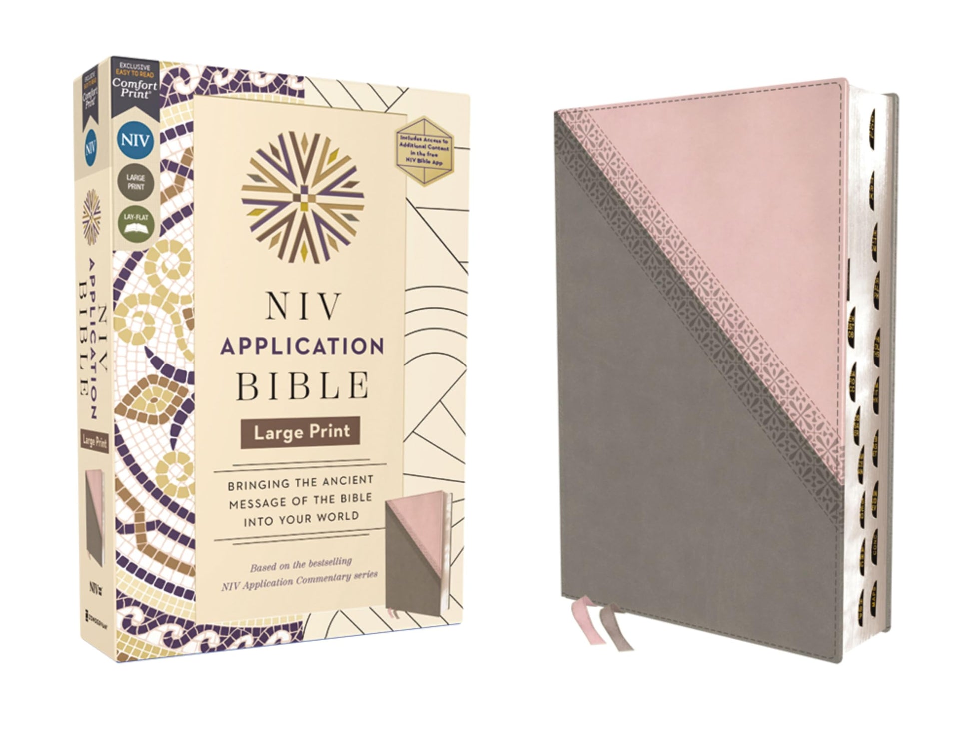 NIV Application Bible, Large Print, Leathersoft, Pink/Gray, Red Letter, Thumb Indexed, Comfort Print: Bringing the Ancient Message of the Bible into Your World (NIV Application Commentary Resources)