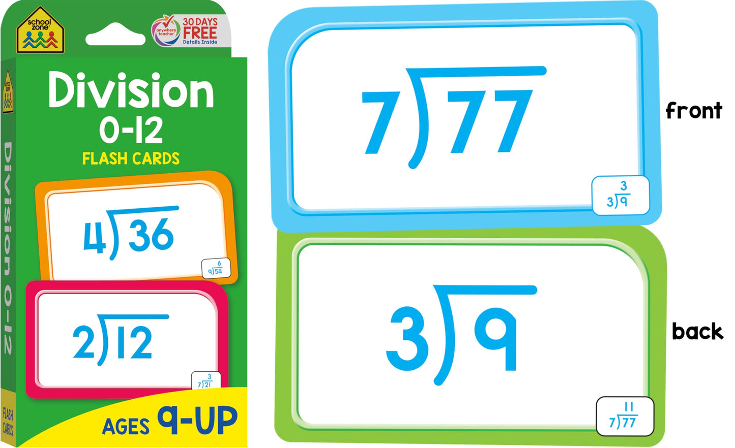 School Zone Math 3-4 4-Pack Flash Cards: 224 Cards, 3rd Grade, 4th Grade, Multiplication 0-12, Division 0-12, Math War Multiplication Game Cards, Time & Money, Telling Time, Coin Values, Ages 6+