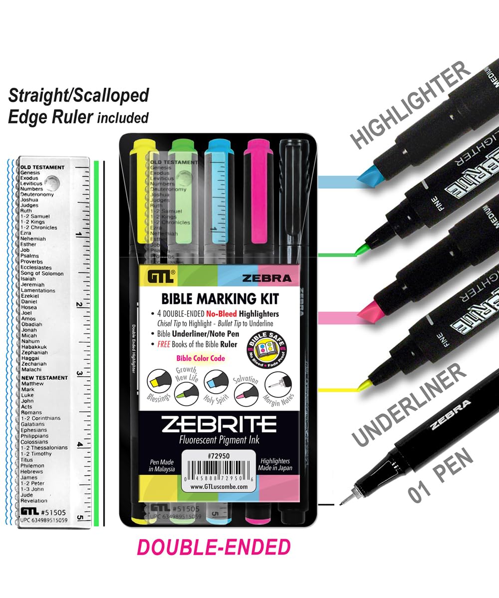 G.T. Luscombe Company, Inc. Zebrite Bible Marking Kit  No Bleed Pigmented Ink  No Fading or Smearing  Double Ended Highlighters, Note Pen & Books of the Bible Ruler/Bookmark (Set of 5 + Ruler)