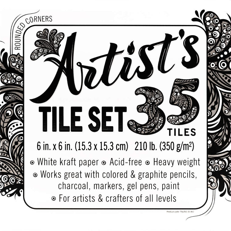 Artist's Tile Set: White Thick 210 lb Paper, 17 pt, 6x6 inches. Pack of 35 Square Sheets. Heavyweight Paper for tangles, Patterns, Mandalas and Miniature Drawings. Blank Index Flash Note Cards