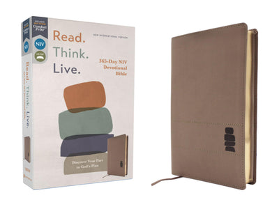 NIV, Read. Think. Live., Leathersoft, Brown, Comfort Print: 365-Day NIV Devotional Bible - Discover Your Part in God's Plan
