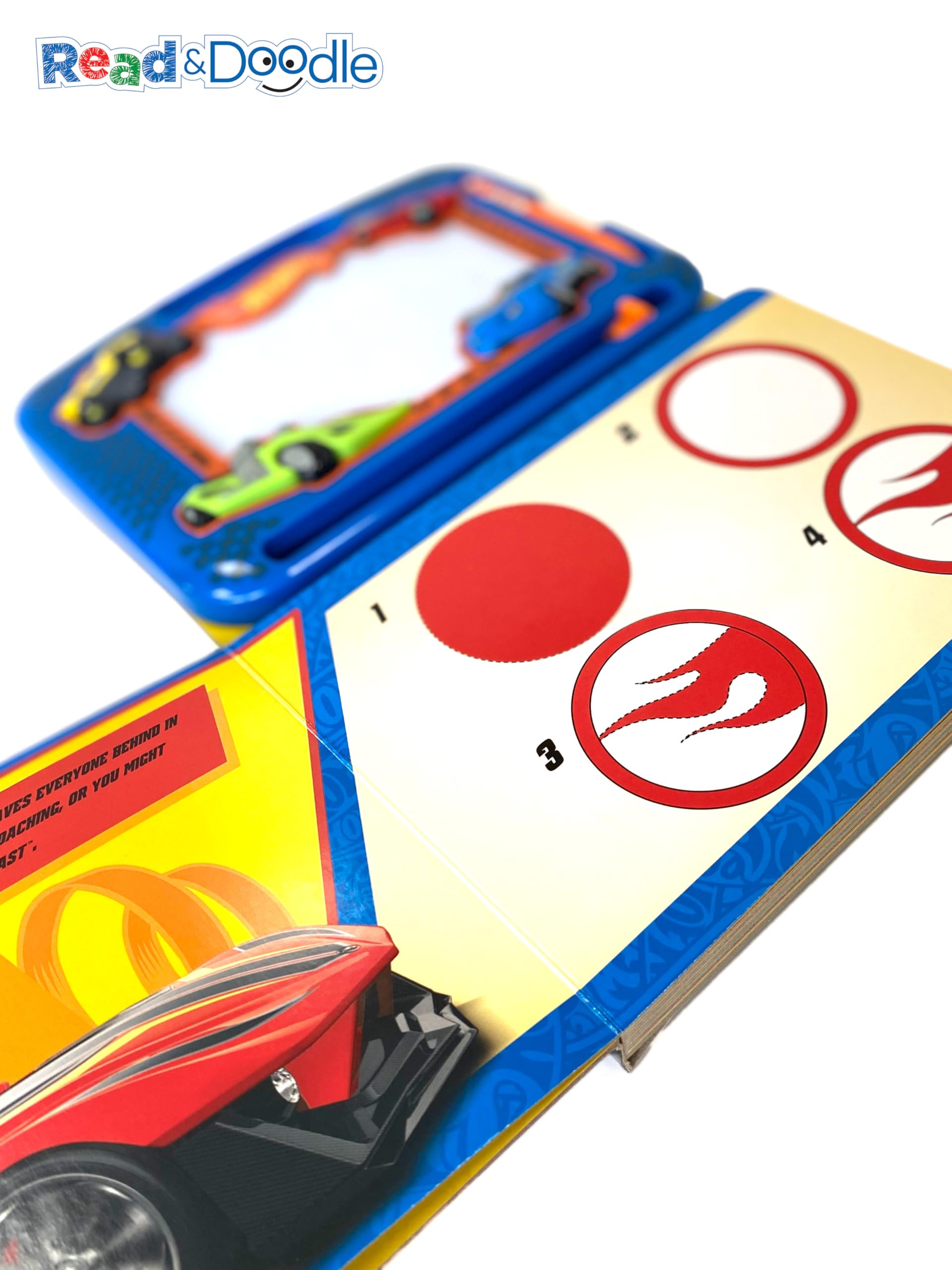 Hot Wheels Read & Doodle - Learning resources for kids, a magnetic drawing pad, an easy-to-use pen, 22-page board book for reading and drawing