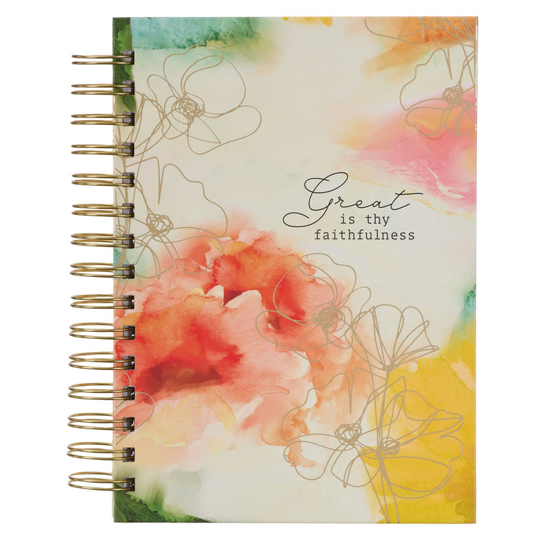 Christian Art Gifts Journal w/Scripture for Women Great is Thy Faithfulness Watercolor Red/Yellow 192 Ruled Pages, Large Hardcover Notebook, Wire Bound