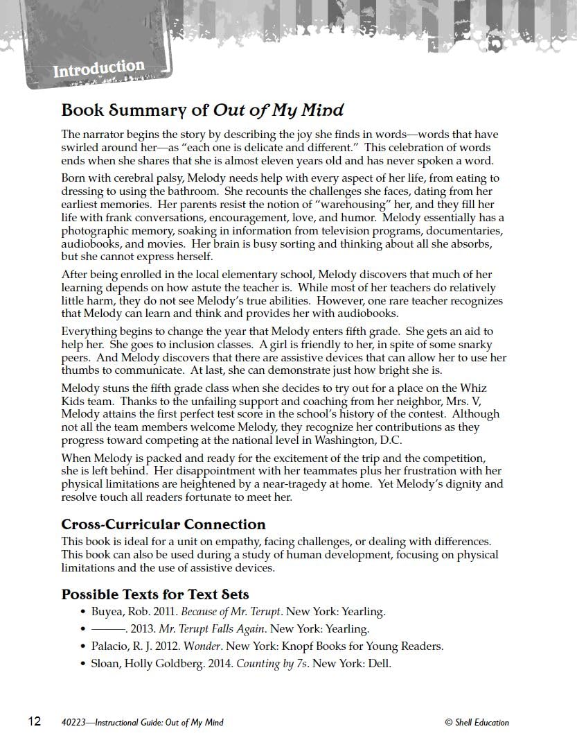 Out of My Mind: An Instructional Guide for Literature - Novel Study Guide for 4th-8th Grade Literature with Close Reading and Writing Activities (Great Works Classroom Resource
