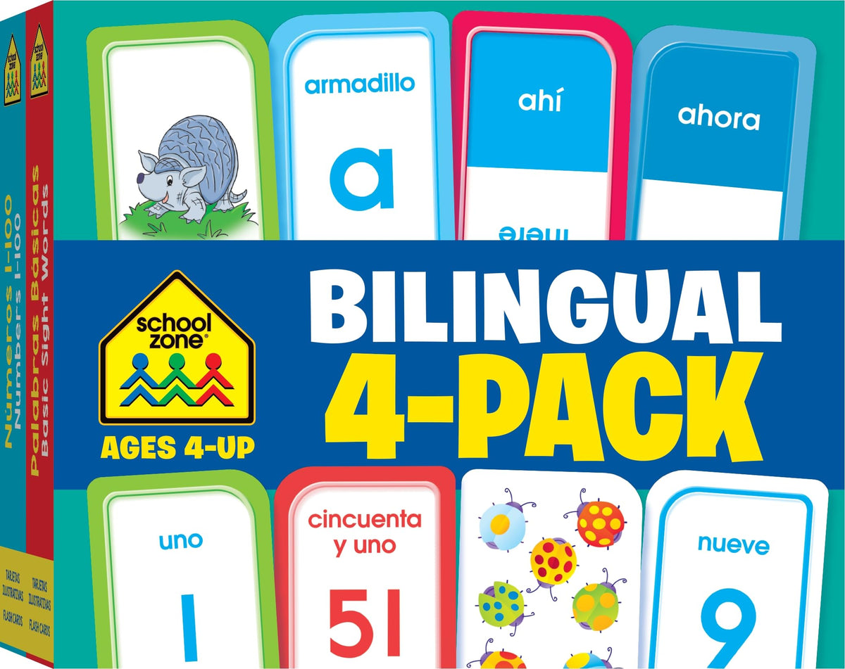 School Zone Preschool Spanish Bilingual 4-Pack Flash Cards: 224 Cards, Tarjetas de ndice Bilinges Espaol/Ingls, Alphabet, Sight Words,: Numbers 1-100, Colors & Shapes, Language Immersion, Ages 4+ (Spanish/English Edition)