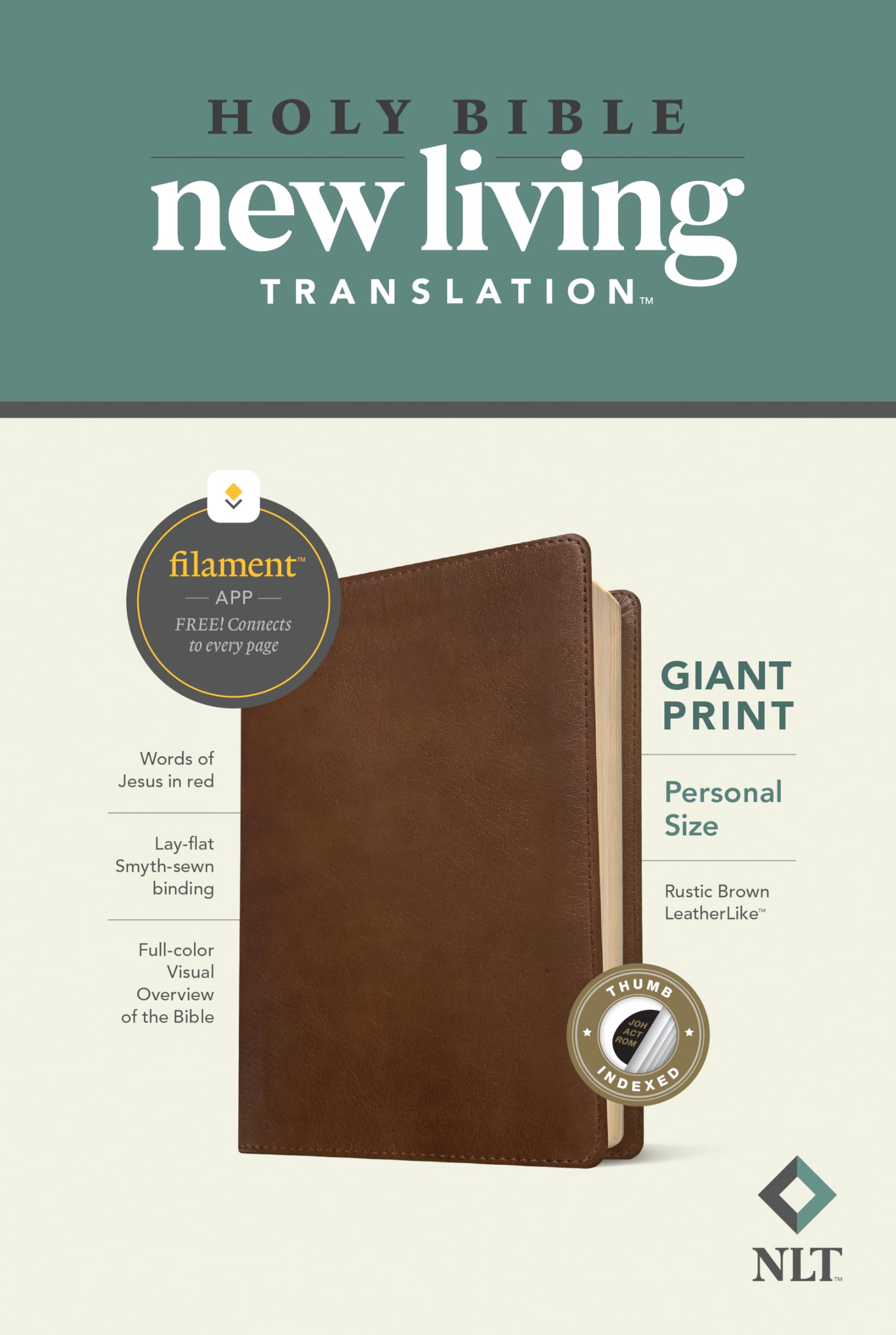 NLT Personal Size Giant Print Bible, Filament Enabled (LeatherLike, Rustic Brown, Indexed, Red Letter): Includes Free Access to the Filament Bible App ... Notes, Devotionals, Worship Music, and Video