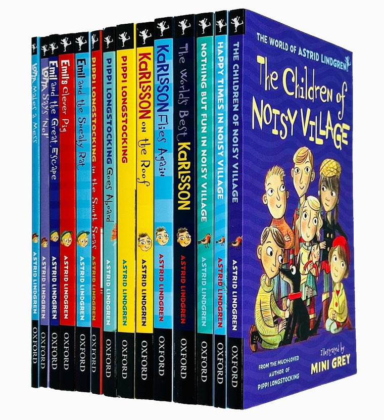Astrid Lindgren 14 Books Collection Set (The Children of Noisy Village, Happy Times,Nothing but Fun, The World's Best Karlsson,Flies Again,on the Roof,Pippi Longstocking,Emil's Clever Pig & More)