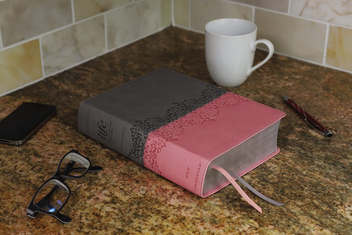 NIV, Life Application Study Bible, Third Edition, Leathersoft, Gray/Pink, Red Letter, Thumb Indexed